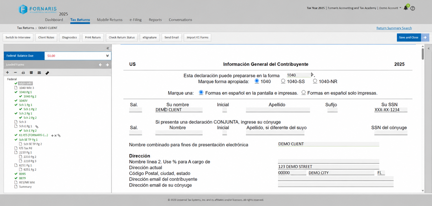 Demostración de Fornaris Professional Tax Software con información ficticia y formularios en español