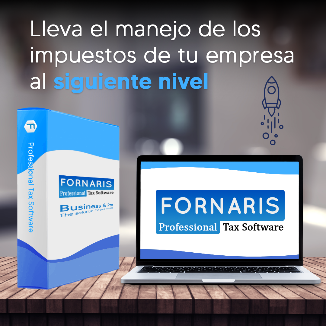 Fornaris Professional Tax Software presentado en computadora portátil con empaque del producto